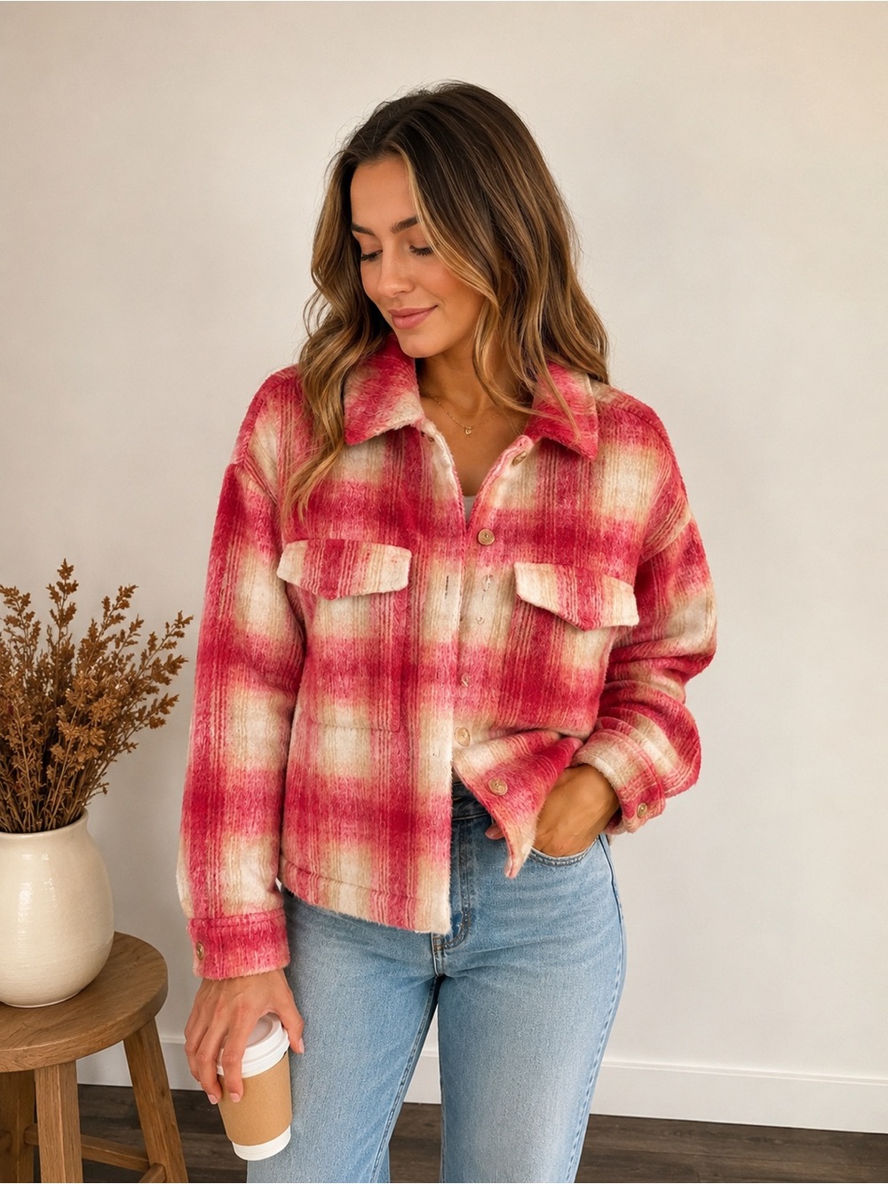 Women's Pink Plaid Button-Down Shacket